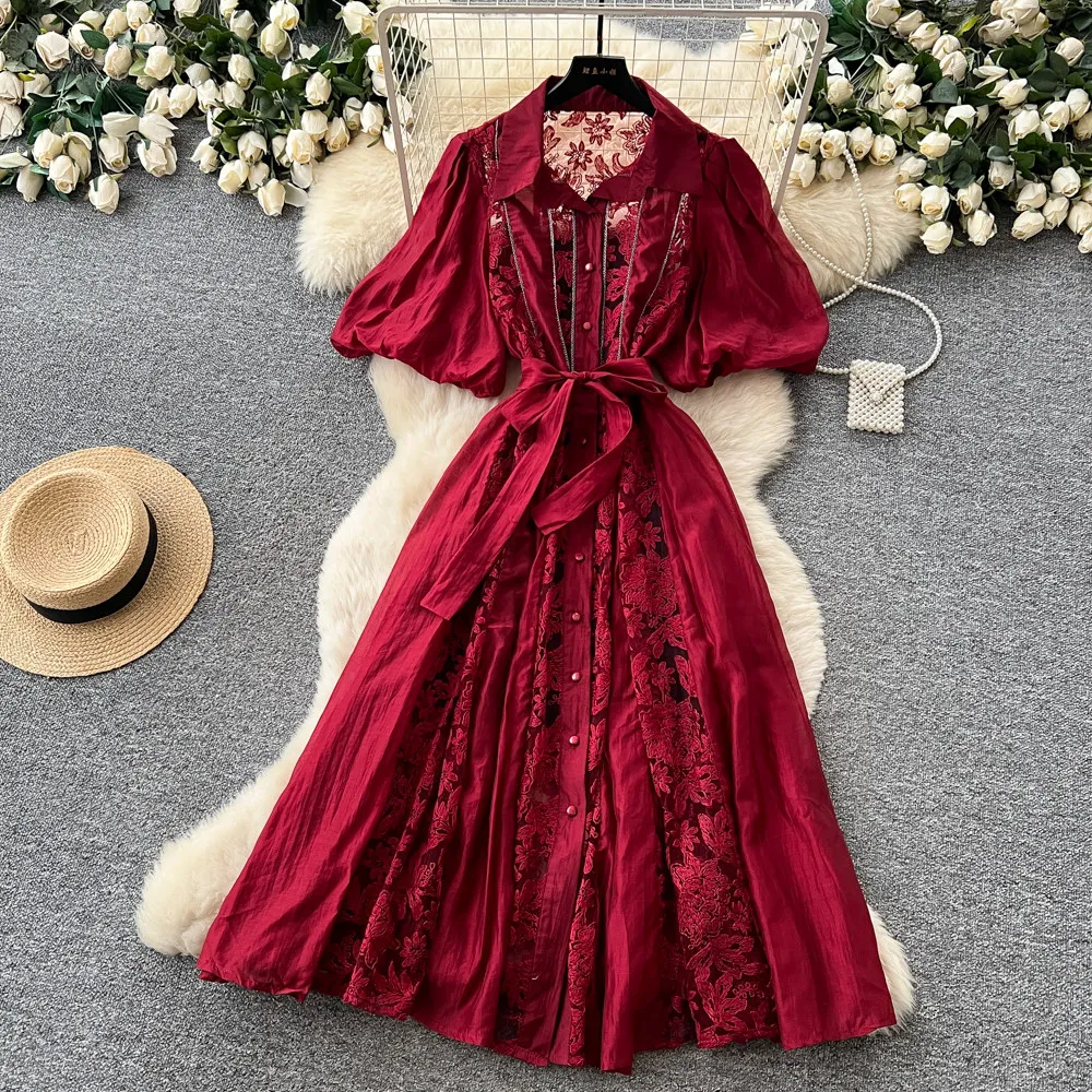 

Elegant Vintage Red/Black/White/Brown Lace Dress Women Puff Sleeve A-Line Long Dress Retro Embroidered Party Evening Gown 2026