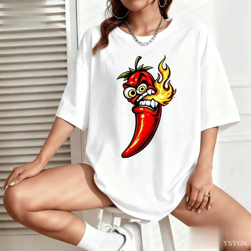 Cartoon Spicy Red Chili Breathing Fire Women Front Print T Shirt Hot Pepper Graphic Tee Casual Short Sleeve Top Food Lover Gift