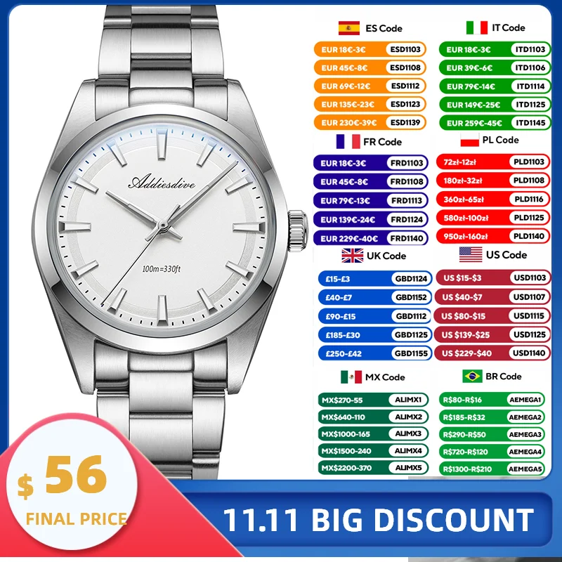 ADDIESDIVE Stainless Steel Quartz Watches Bubble Mirror Glass Analog Watch BGW9 Super Luminous 100m Waterproof Men’s WatchAD206