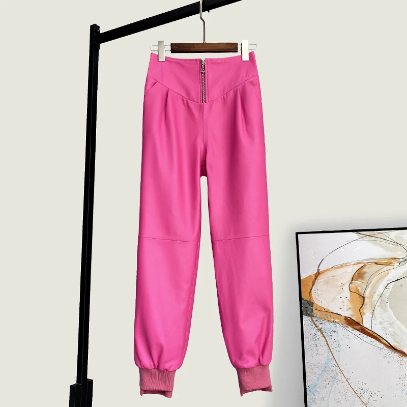 Winter New High Quality Genuine Real Leather Trousers Women's Fashionable Sheepskin Pants All-Match Elastic Waist