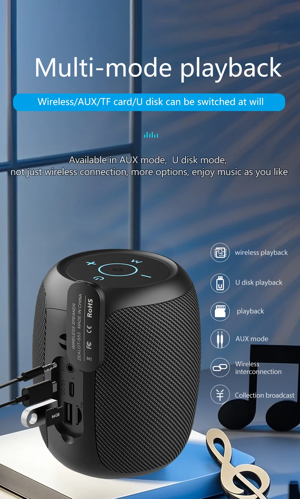 ZEALOT-S53 Tragbarer Bluetooth-Lautsprecher 10 Stunden 10W Super lauter Klang Bluetooth-Lautsprecher IPX6 wasserdicht für Telefon TF-Karte USB – Detail 15