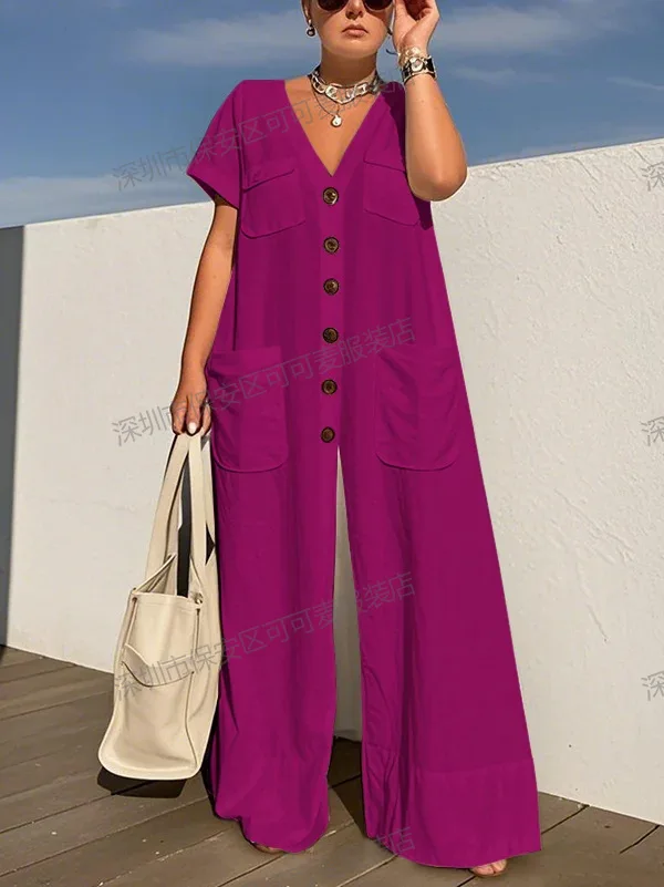 ฤดูร้อนสีทึบแฟชั่นJumpsuitsสําหรับผู้หญิงVคอSingle-Breasted Pocket ElegantสีทึบสบายๆเดินทางJumpsuits