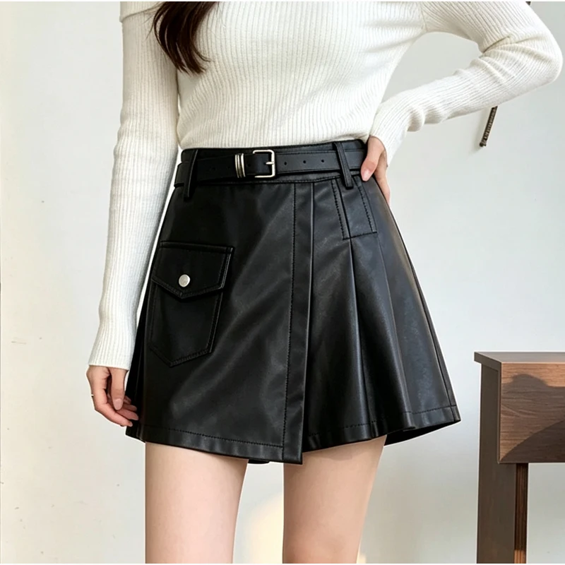 Women's Black Gothic Casual Asymmetric Mini Skirt Y2K American High Street A-Line 2000S PU Short Skirt Streetwear Clothes 2026