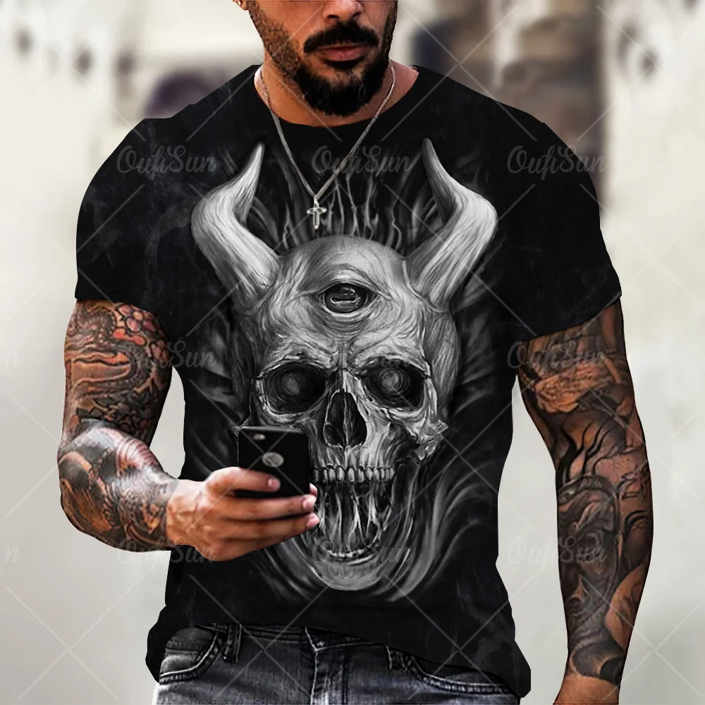 Summer Retro Skull 3D Print Men\'s Gothic Retro Harajuku Large Casual Short sleeved Street Punk Style T-shirt