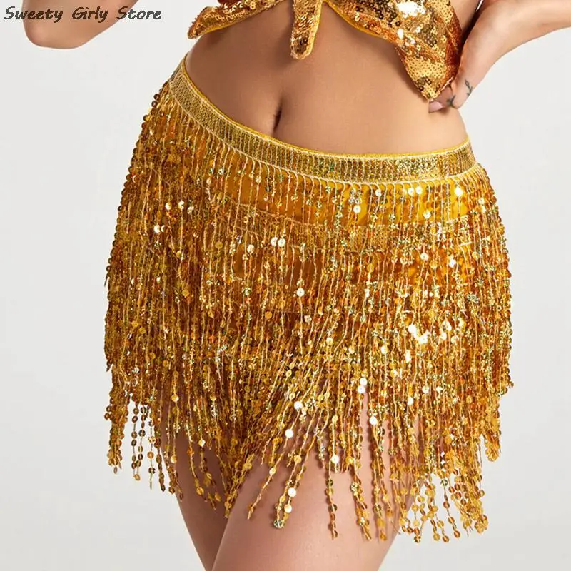 

Long Tassel Chains Skirt Bohemian Clubwear Party Performance Costume Women Belly Dance Sequin Belts Indian Practice Hip Skirts