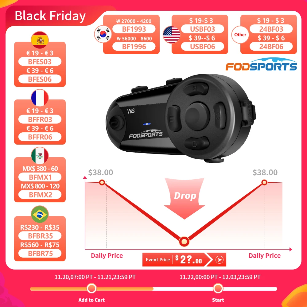 Fodsports V6S Motorcycle Intercom Helmet Bluetooth Headset 6 Riders 1000m Waterproof Wireless Interphone,FM Radio,Share Music