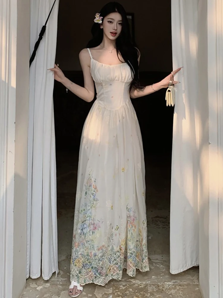 2026 New Embroidery Floral Chiffon Long Dress Summer Elegant Casual Square Collar Sling Dress Women Boho Fashion Bodycon Dresses
