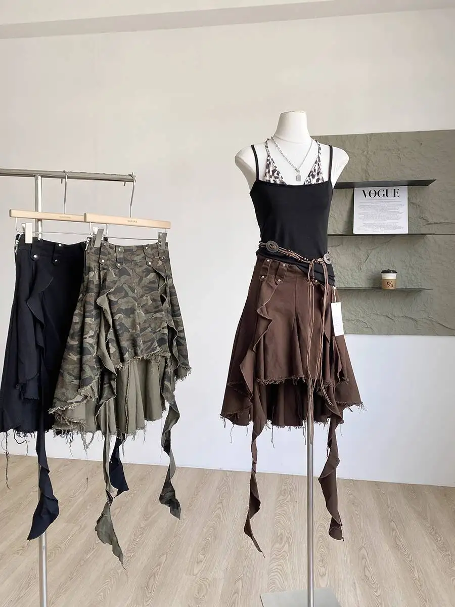 

2025 Summer New Women's Irregular Hem Camouflage Denim Skirt Street Style Hot Girl Long Skirt with Ribbons