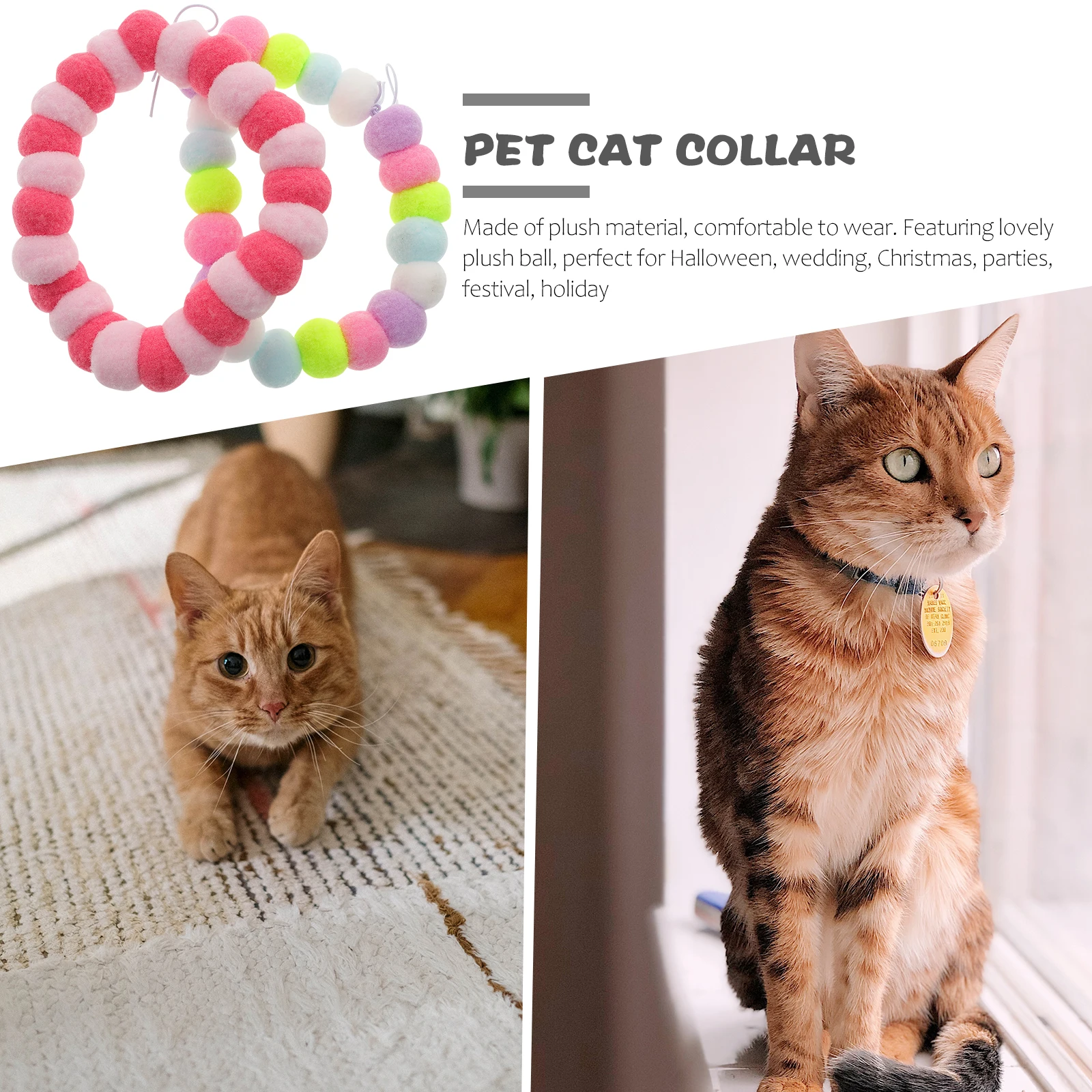 

2pcs Colorful Collar Set Elastic Pet Necklace Balls for Cat Dog Durable Pompom Washable Non Fade Lightweight Various