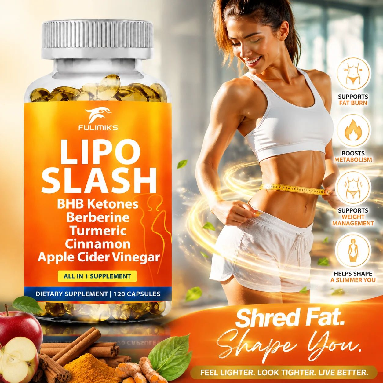 Lipo Slash Capsules, Berberine Turmeric Cinnamon Apple Cider Vinegar Probiotics, Supports Gut & Digestion Health, Metabolism