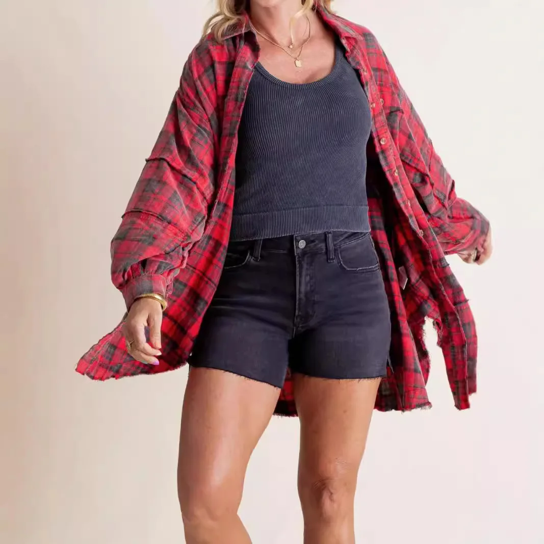 

Autumn Winter New Foreign Trade Women's Clothing Loose Check Shirt with Frayed Hem and Lantern Sleeves 2025