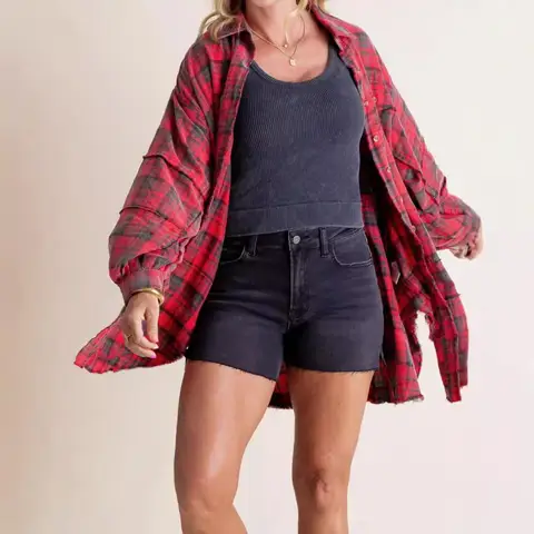 Autumn Winter New Foreign Trade Women's Clothing Loose Check Shirt with Frayed Hem and Lantern Sleeves 2025