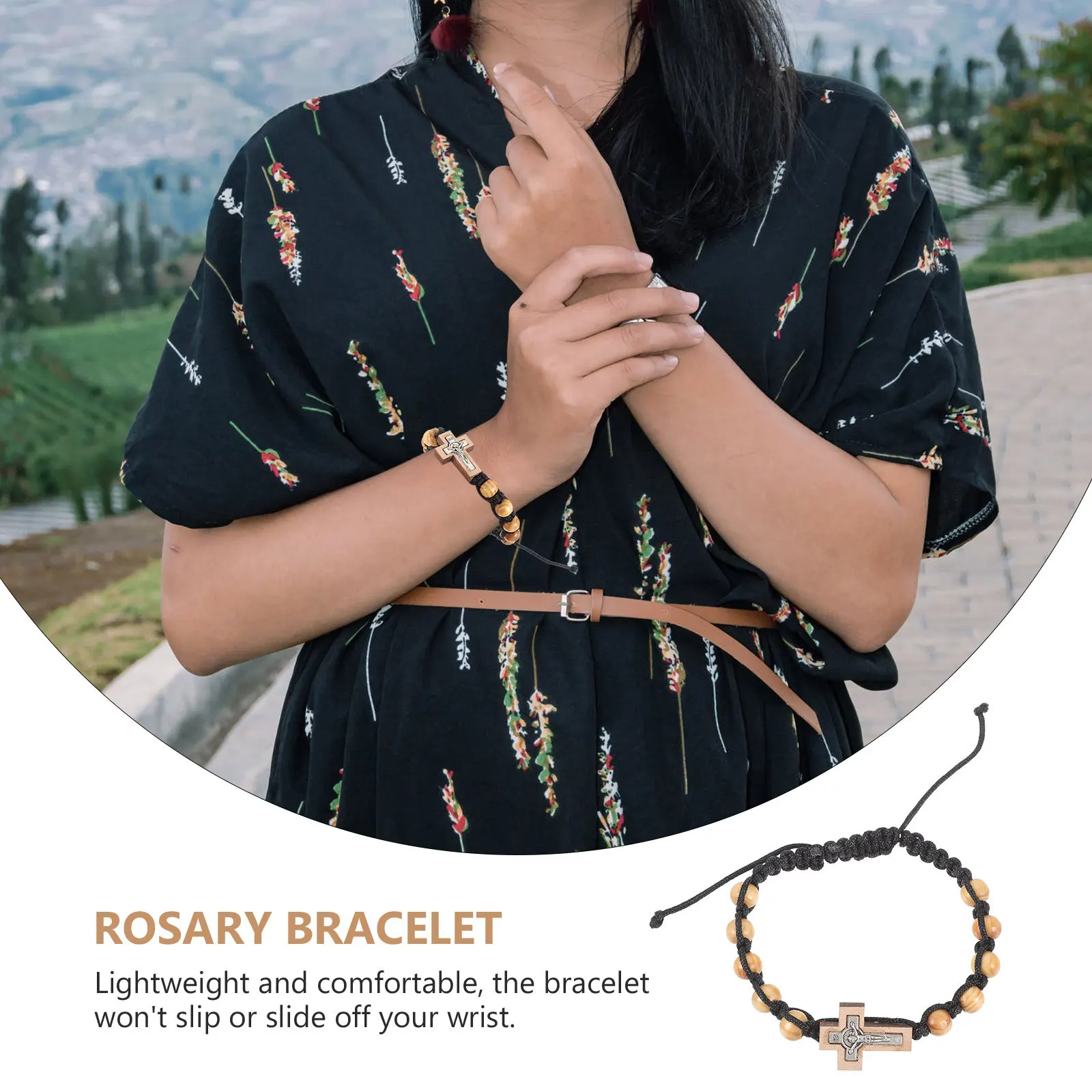 

Wooden Prayer Beads Bracelet Adjustable Unisex Rosary Wristband Cross Charm Alloy Beaded Bracelet for Catholic Prayer Gift