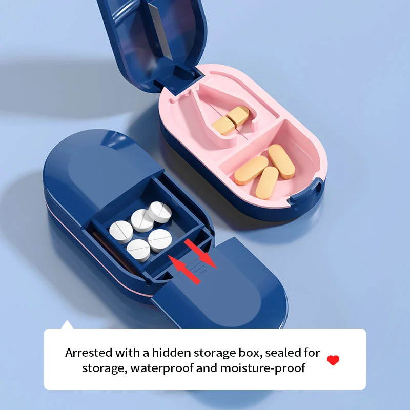 Portable Pill Splitter 2-in-1 Pill Box with Stainless Steel Blade Suitable for Vitamin Tablets Cutting Pills 1/2 1/4 with