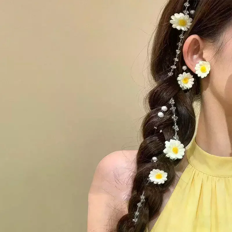 Daisy Flower Butterfly Hair Clips Pearl Tassel Chain Hair Accessories For Women Braided Wedding Hairstyle