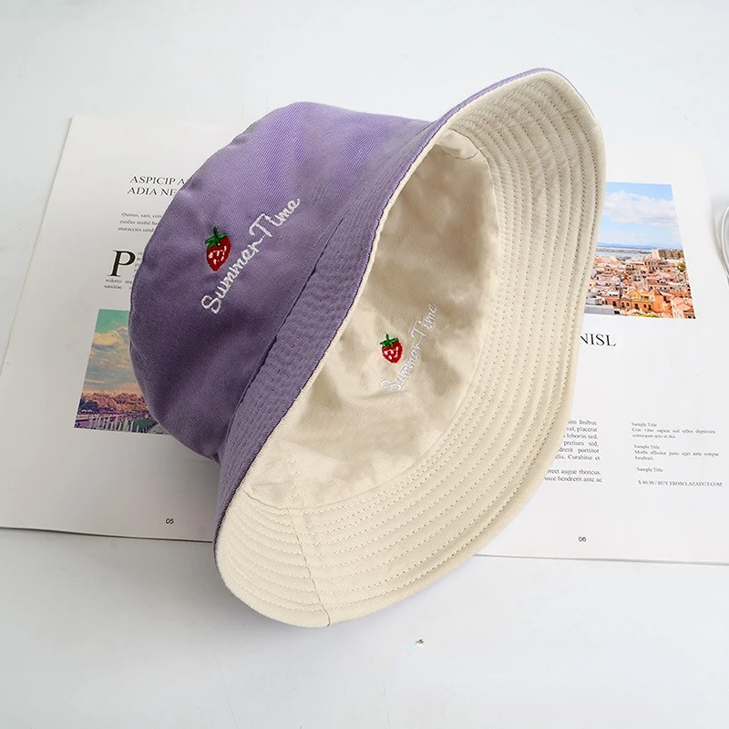 Lovely Embroidery Strawberry Sun Hats Casual Embroidery Bucket Hats for Woman Outdoor Traveling Decor Apparel Accessories Purple