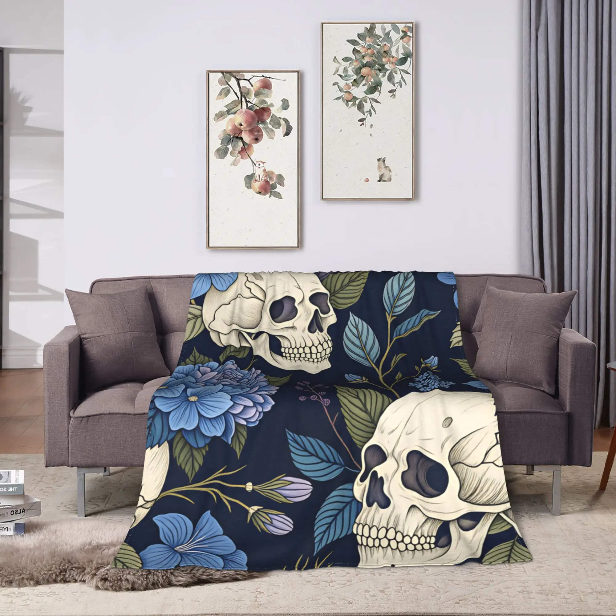 Skull Blue Hydrangea Floral Seamless Pattern Throw Blanket Warm Comfy Funny Blanket For Outdoor Office Bedspread Bed Cover