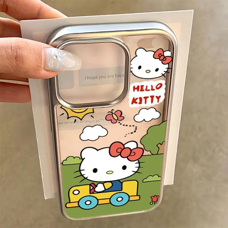 Hello Kitty Driving In The Morning Phone Case For Iphone 16 15 14 13 11 12 Pro Max Plus X XR XS 7 8 Plus Y2K Metal Frame Shell