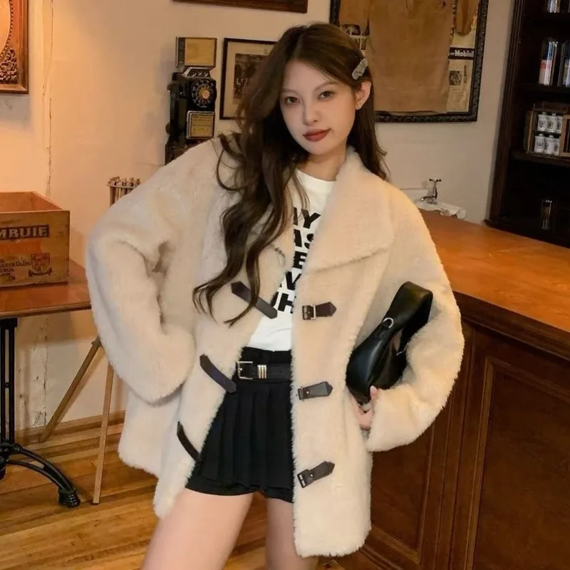 Women's 100% Lamb Wool Mid-Length Coat, Fur Integrated Outwear, Monochromatic, Casual, Versatile, High Quality, Winter