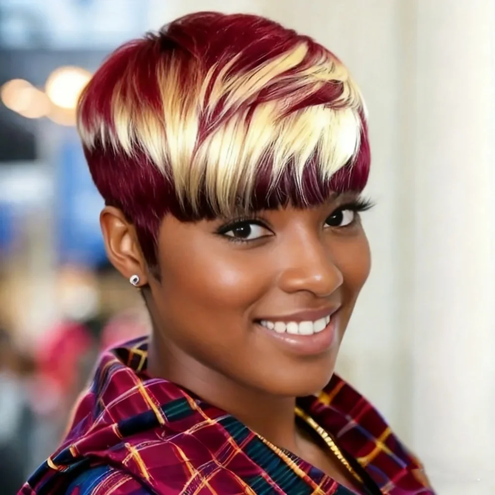 

Короткие парики в стиле пикси для женщин из бразильских натуральных волос, с челкой, многослойные, машинной работы