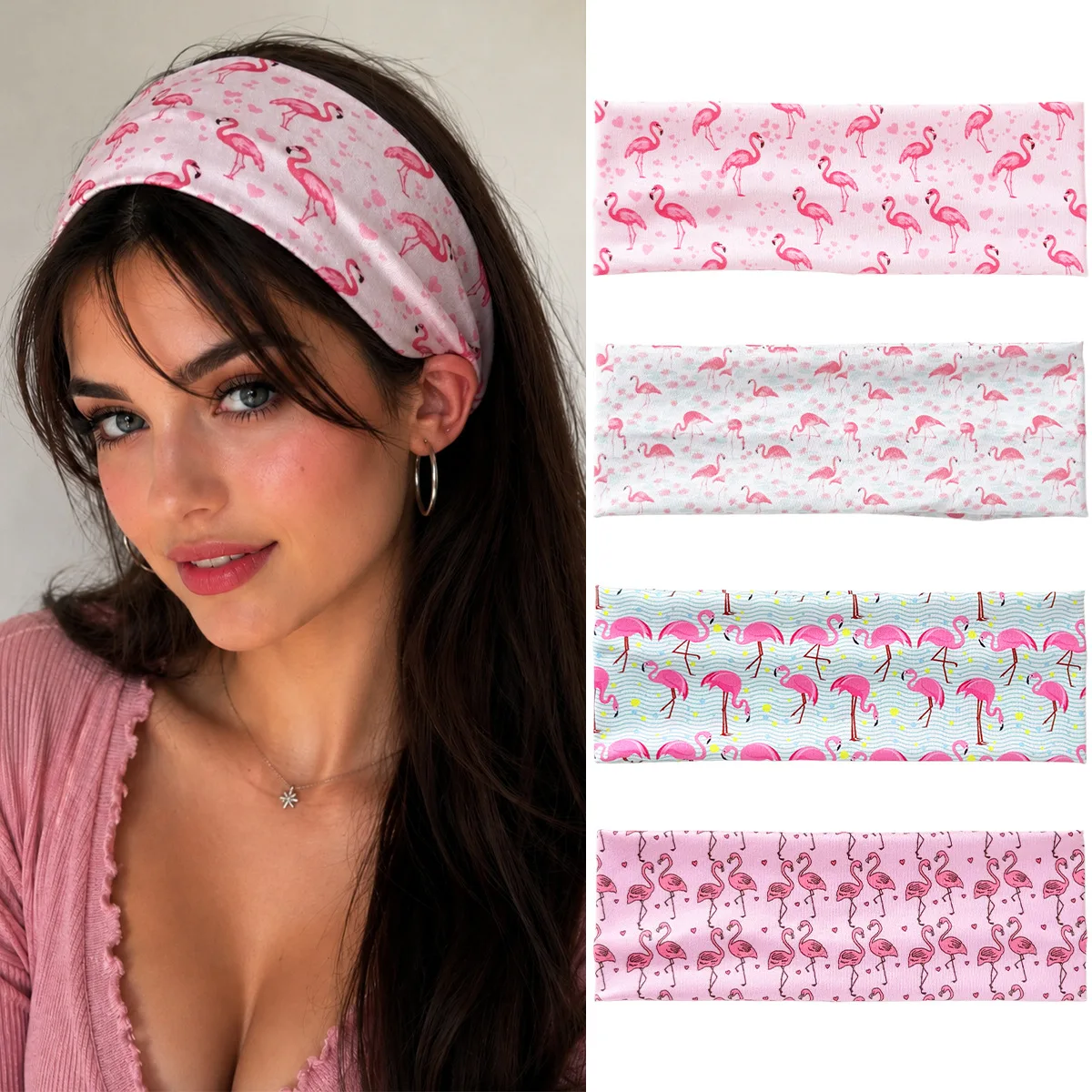 Diadema deportiva elástica con estampado de flamencos, accesorio suave para el cabello de uso diario, pieza de estilo flexible y práctica, ideal para vacaciones de verano en la playa, viajes cortos de fin de semana, entrenamientos de yoga, rutinas de maquillaje y reuniones informales al aire libre.