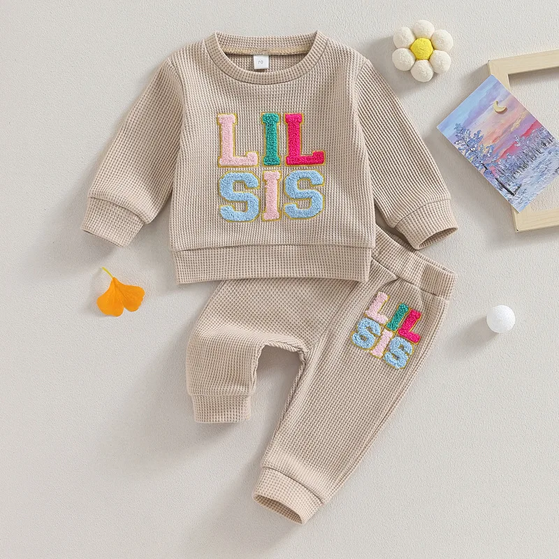 MILANCEL Autumn Kids Clothing Set Waffle Hoodie And Trousers 2 PCS Girls Hoodie Suit Big And Little Sisters Clothing