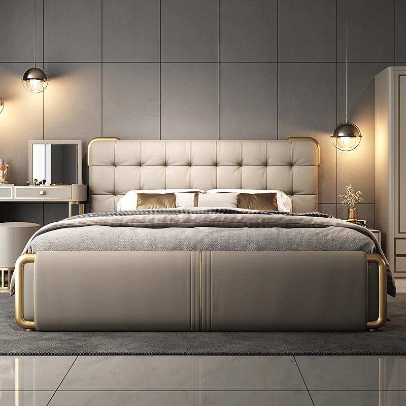 

-For Compact Leather Modern Double Bed Luxury Soft Adults Queen Loft Double Bed Leather Wood Vintage Muebles Entrance Hall Furni