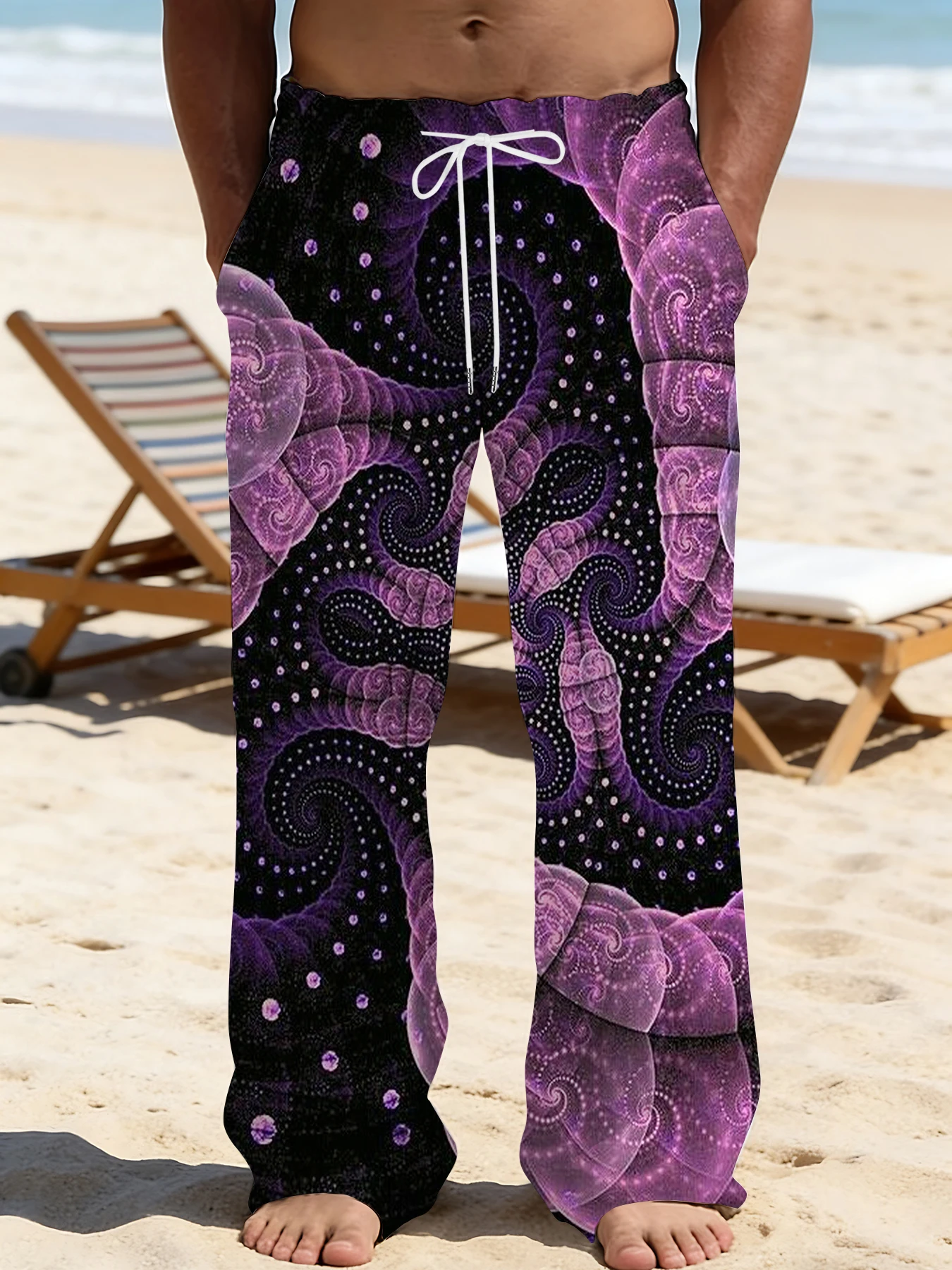 

2026 Men's Printed Straight Leg Pants Abstract Art Red Black Pattern Drawstring Waist Loose Fit Casual Summer Beach Fashion