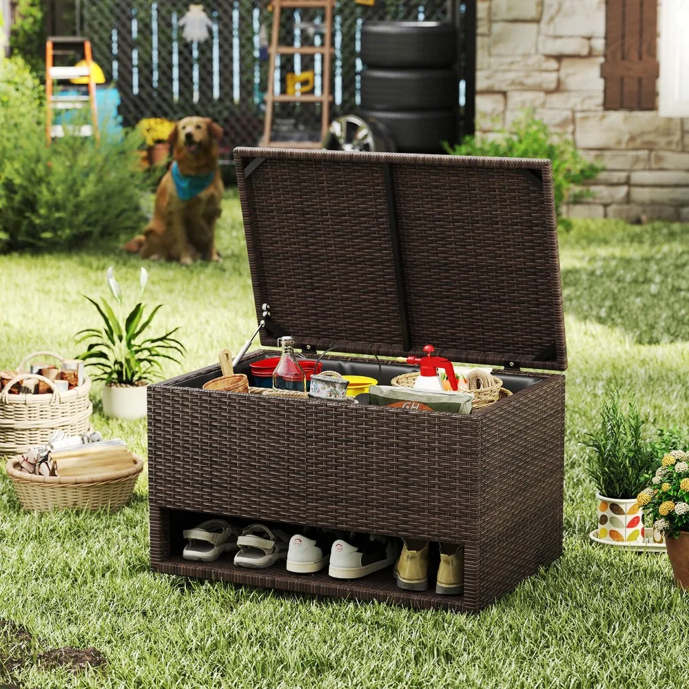

48 Gallon Deck Box with Shoe Rack Waterproof Liner Lid Outdoor Storage Box