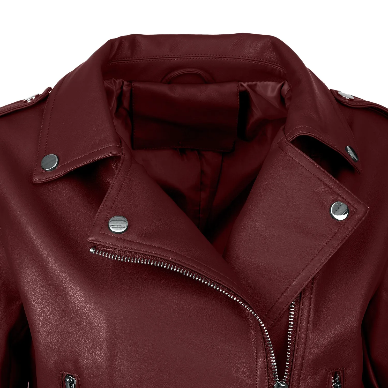 เสื้อแจ็คเก็ตหนัง PU สำหรับผู้หญิง ปรับสายได้ ดีไซน์ทรงนักขี่มอเตอร์ไซค์ พร้อมตะเข็บหลังแบบ Princess Seam และตกแต่งด้วยหมุดสีเงิน เหมาะสำหรับฤดูใบไม้ผลิ ฤดูใบไม้ร่วง และฤดูหนาว