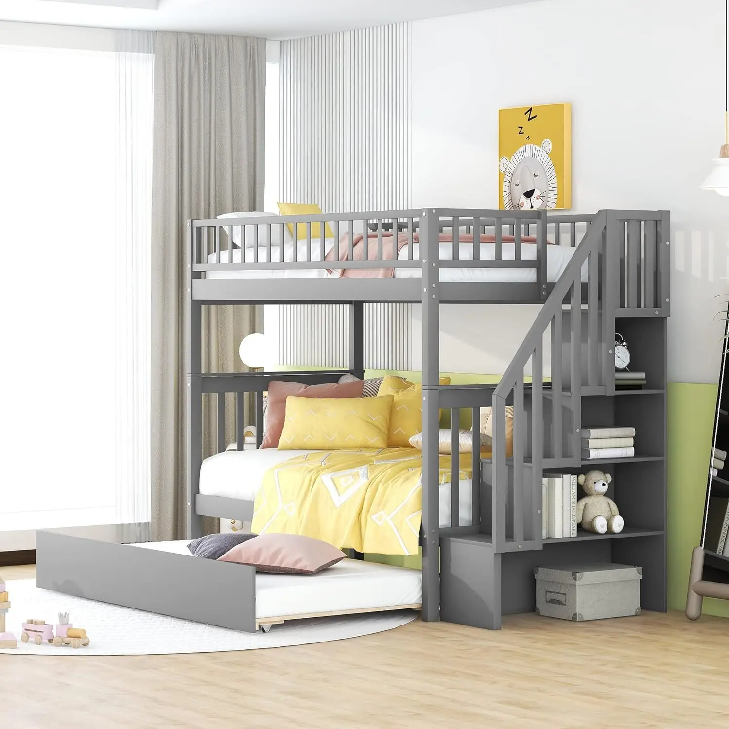 City light Etagen betten Twin über Twin Size, Holz Etagen bett mit Treppe und Rollbett, Treppe Etagen betten mit Ablage fächern für Kinder