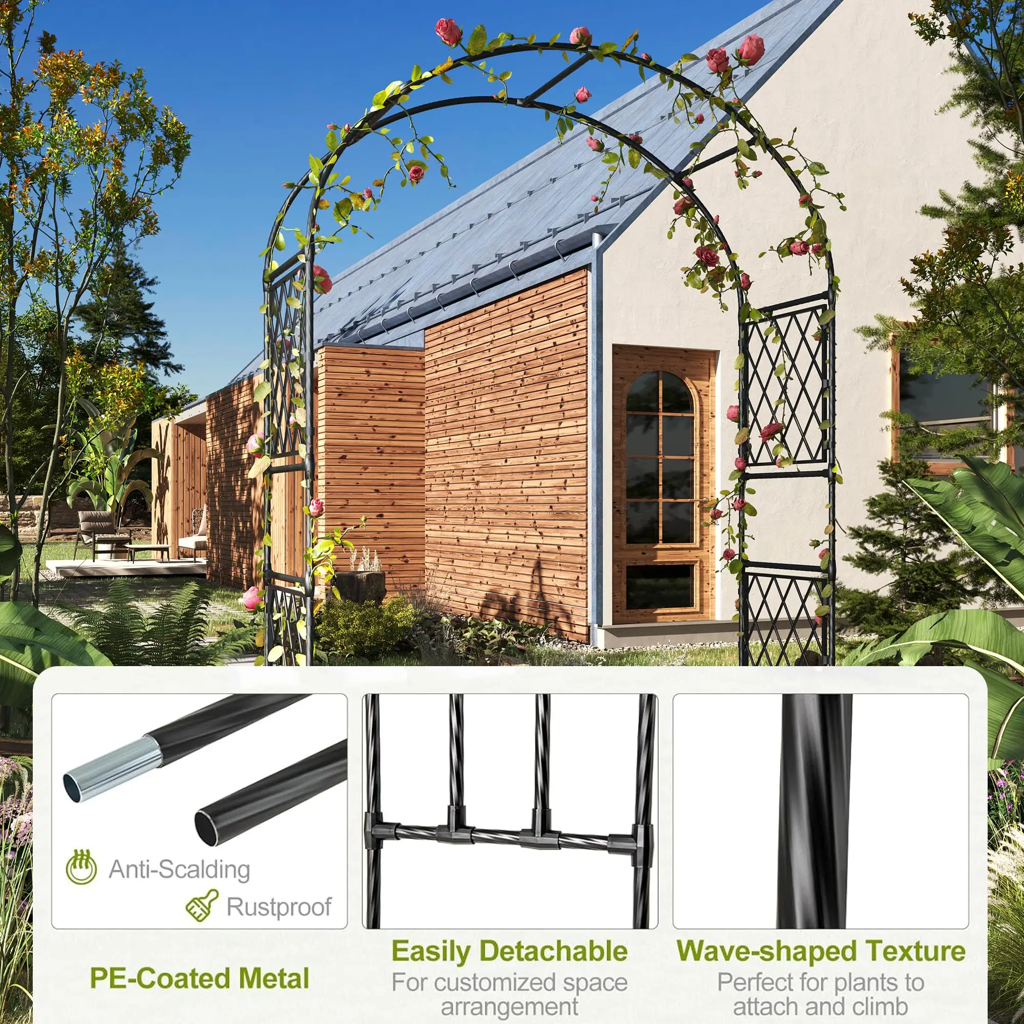 Arco de Metal con Recubrimiento de PE para Plantas Trepadoras, Arco Decorativo para Bodas,Arco de Jardín con 2 Jardineras