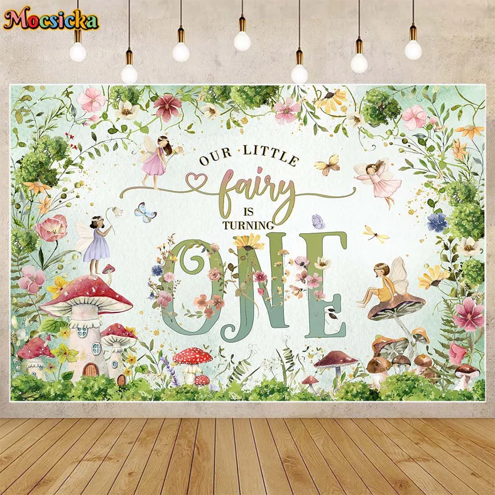 

Mocsicka Girl 1st Birthday Backdrop Our Little Fairy Is Turning One Birthday Party Decor Background Baby Shower Banner Customize