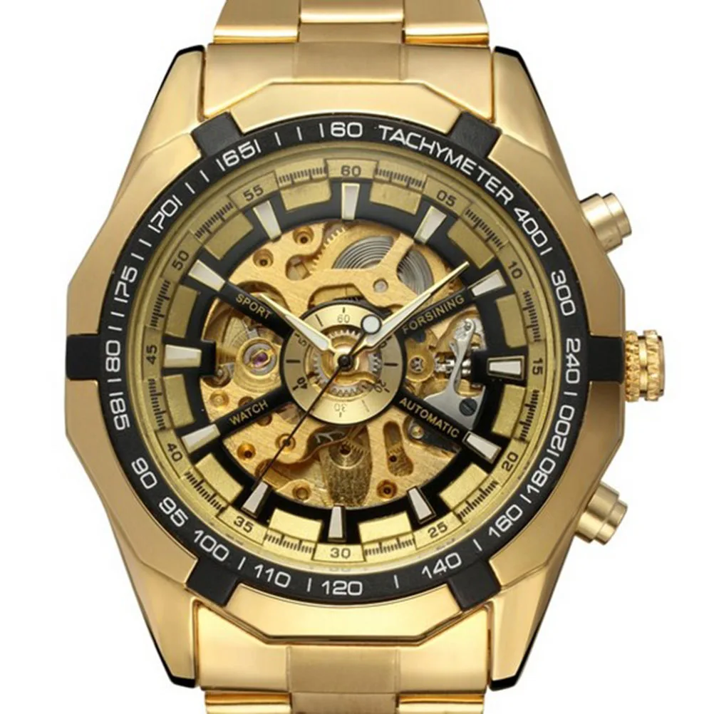 

Men Automatic Mechanical Watch Stainless Steel Band Golden Black Hollow Style Design For Wrist Fashion Accessory