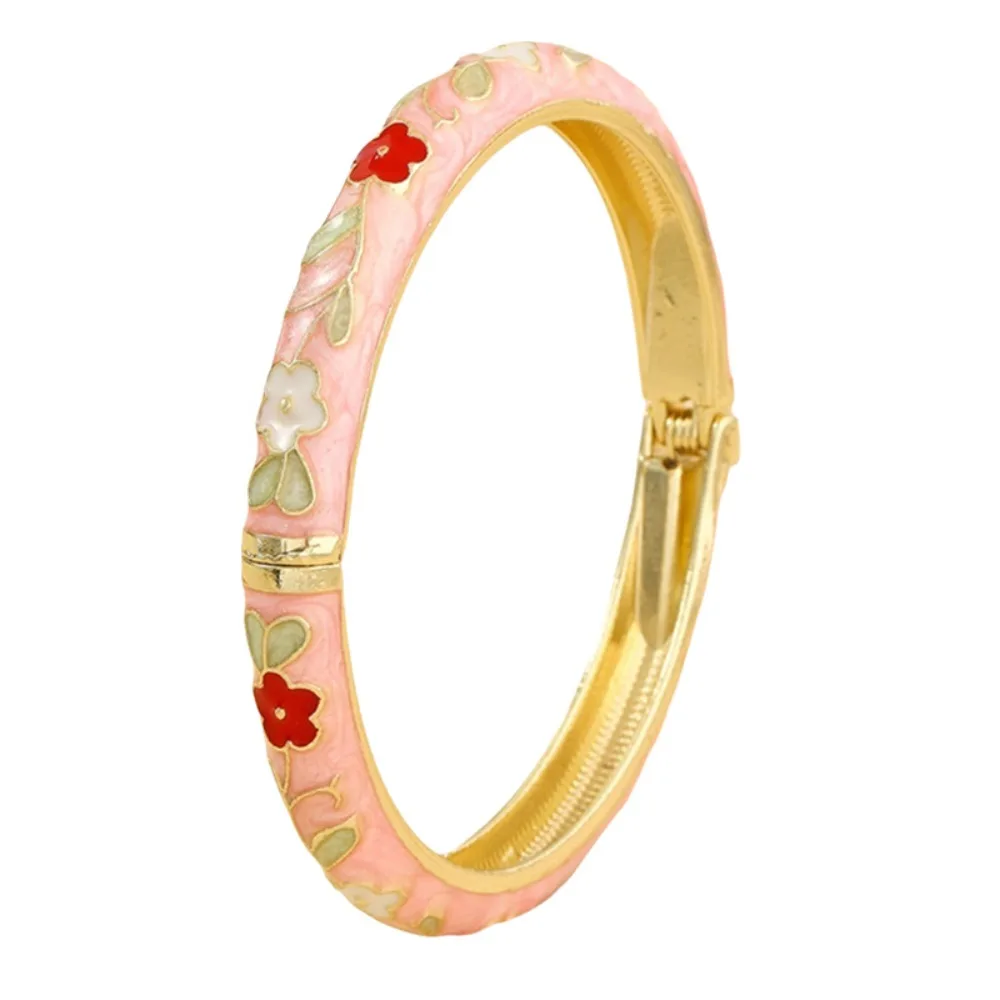 

Zinc Alloy Cloisonne Bracelet Flower Pattern Drip Oil Process Blossom Enamel Bracelet Opening Design Rustic Style Women Bangle