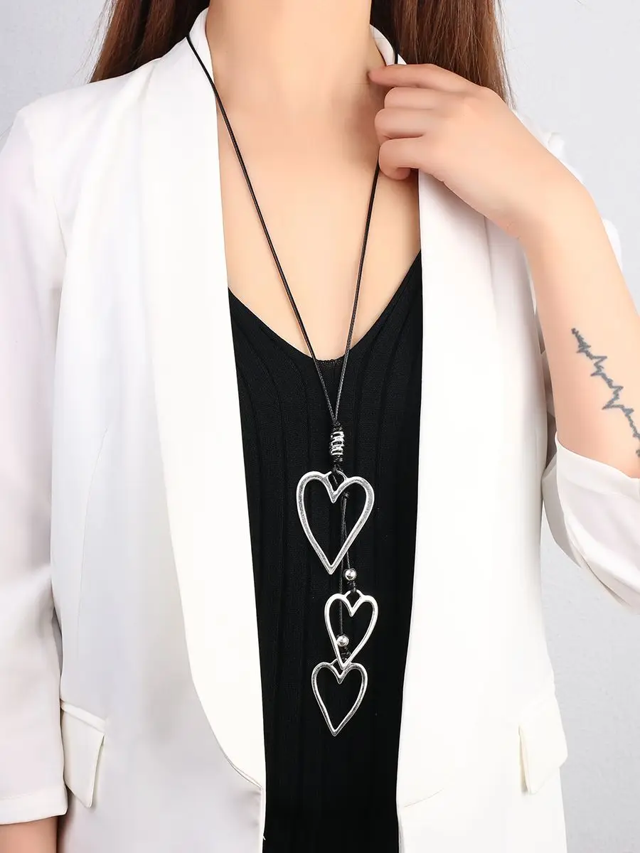 

Amorcome Big Silver Color Heart Pendant Long Leather Necklace Boho Women Statement Ethnic Jewelry Lariat Necklace Mujer Collares