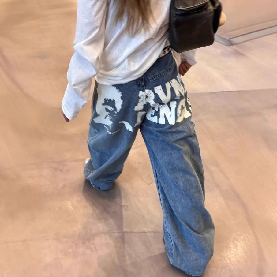 

Осенние женские синие мешковатые джинсы Y2k в стиле Харадзюку, винтажные джинсовые брюки с принтом, японский стиль 2000-х, джинсы, брюки, одежда оверсайз