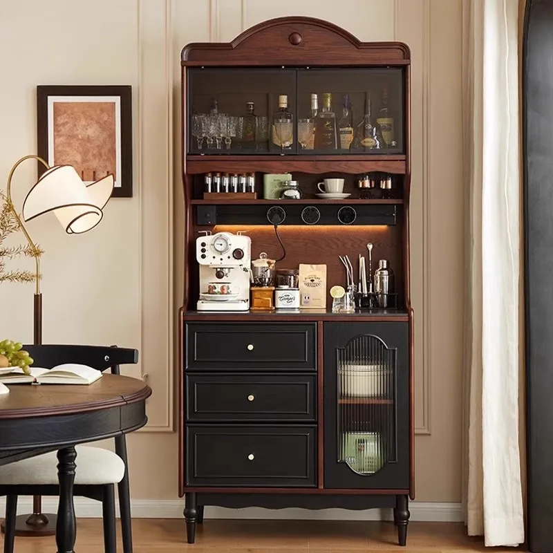

French solid wood dining side cabinet household small apartment integrated wall bar tea cabinet living room retro storage locker