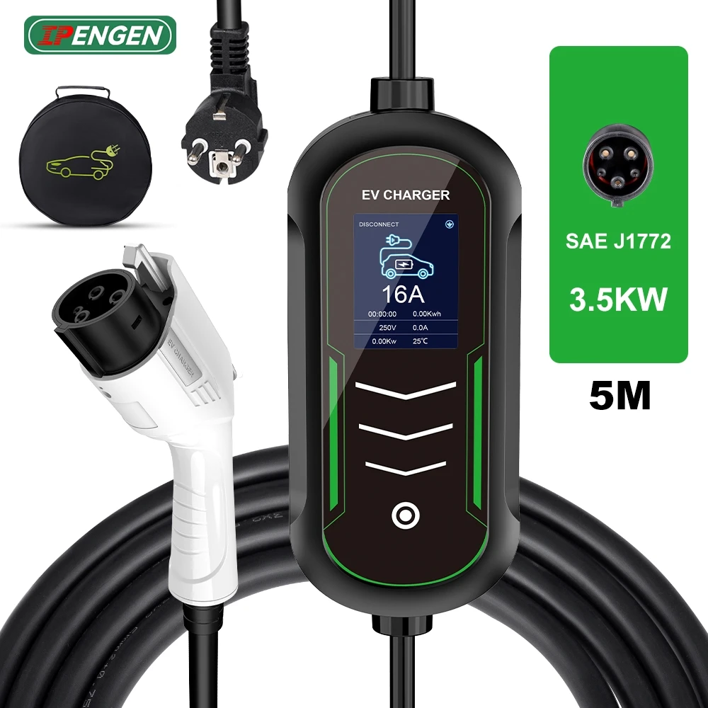 

IPENGEN 3.5KW Type1 EV Portable Charger 16A 1Phase SAE J1772 EVSE Charging Box 8A-10A -13A -16A Current Adjust Set Charging Time