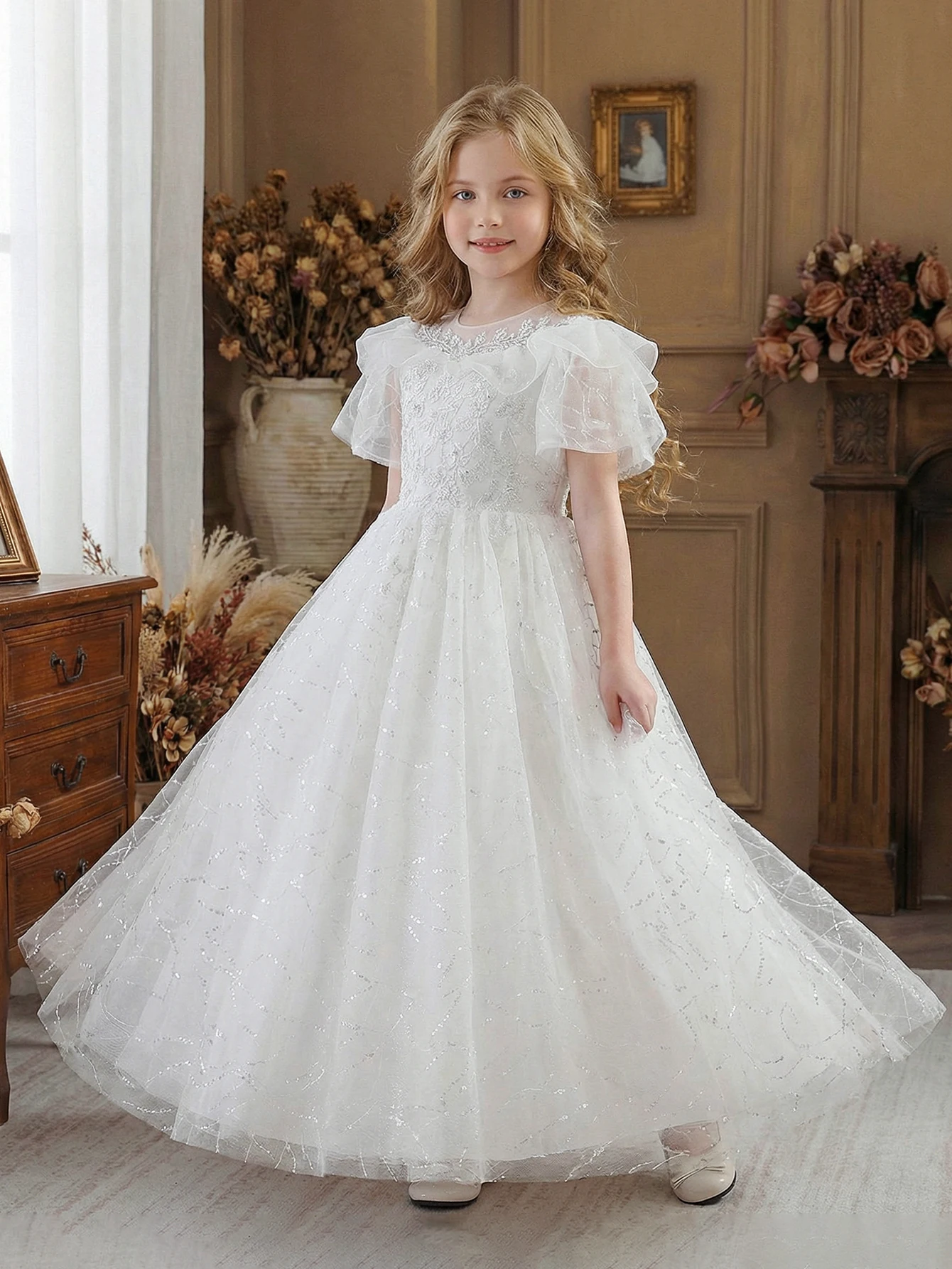 Tween Girls Wedding Flower Girls' White Dress with High-End Embroidery Wedding Ball Gown Suitable for Girls' Birthday Parties