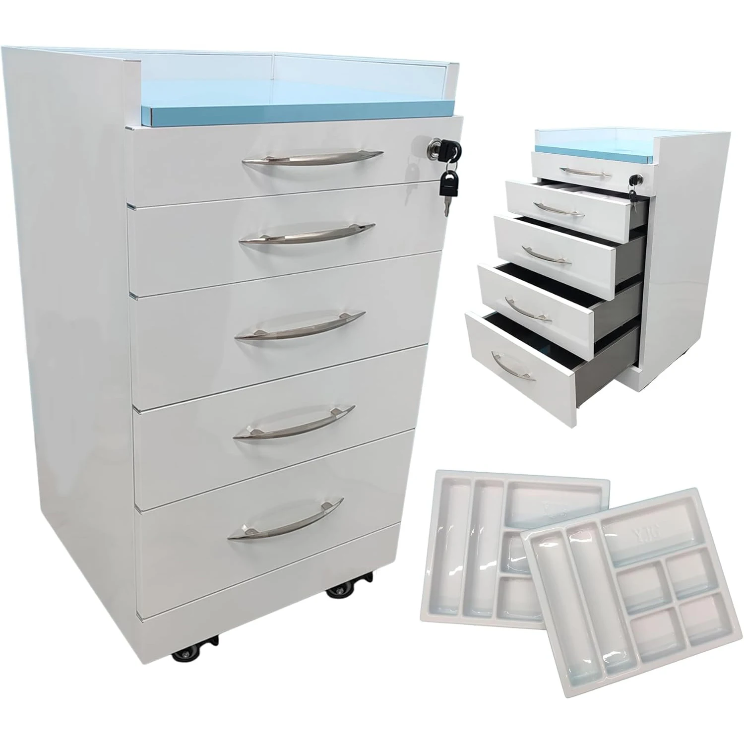 ตู้เก็บของอเนกประสงค์สำหรับทันตกรรม 4 ลิ้นชัก พร้อมรถเข็นเก็บของสแตนเลสแบบเคลื่อนย้ายได้ พร้อมพาเลท 2 ใบ