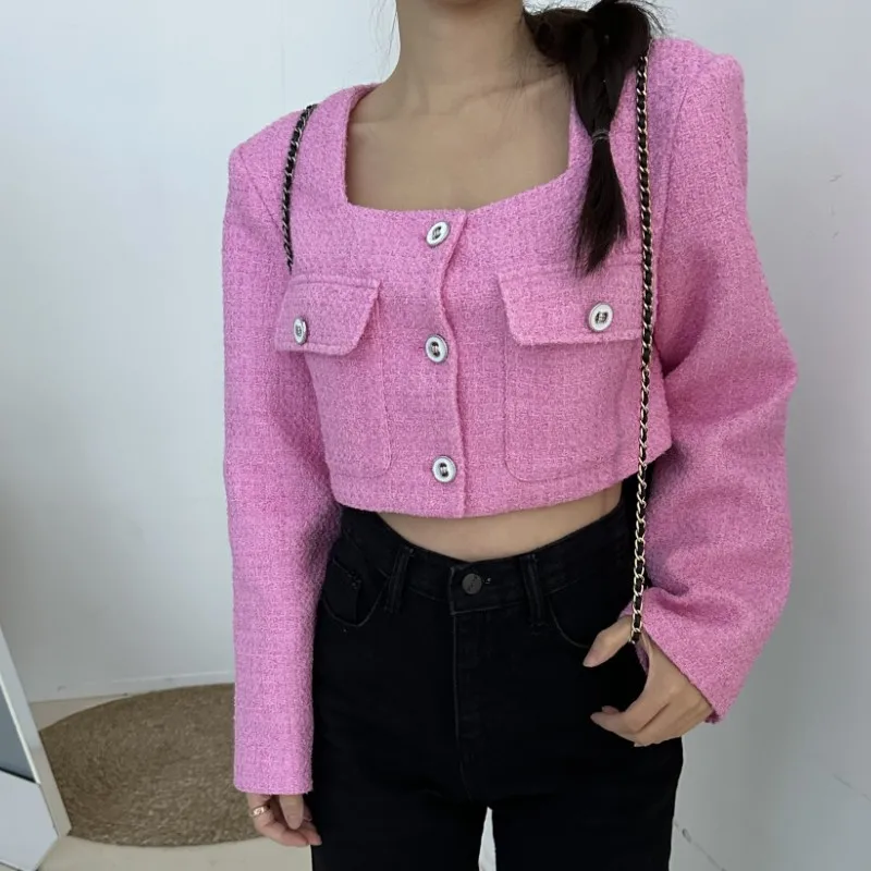 Korean Women Fashion Short Tweed Jacket Women 2024 Autumn Elegant Square Collar Female Single-Breasted Slim Outerwear