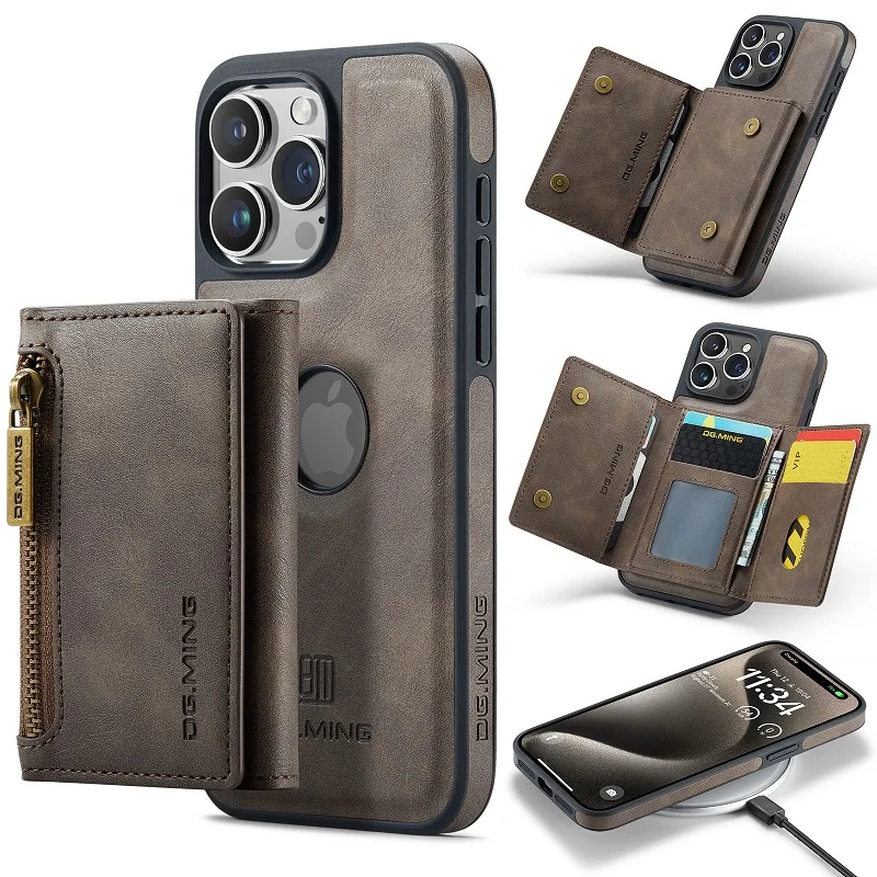 

Magnetic Detachable Wallet Leather Phone Case For iPhone 16 Pro Max 15 ProMax 14 Plus 13 12 Pro Magsafe Wireless Charging Cover