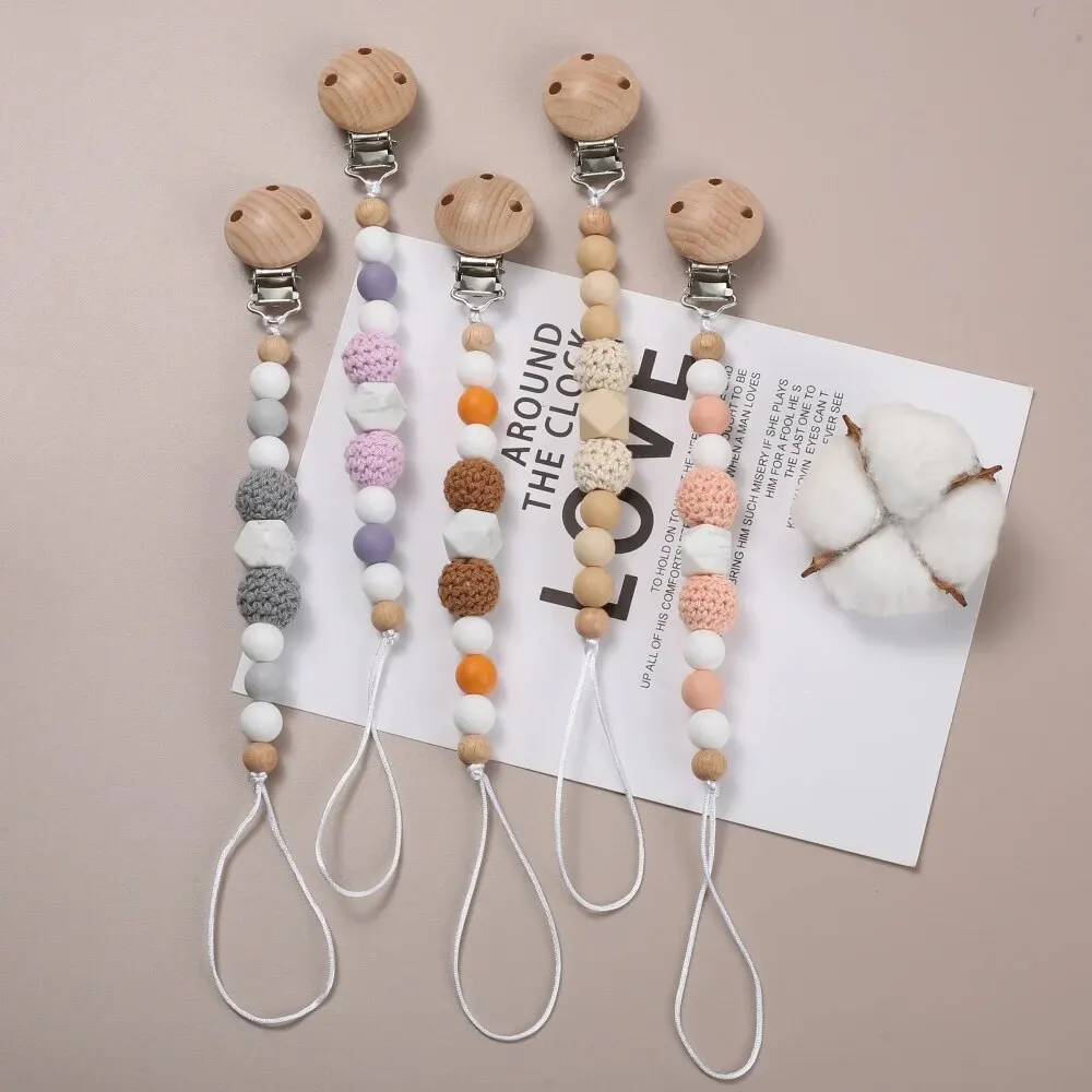 Wooden Felt Ball Baby Pacifier Chain Beech Soother Nipple Clips For Silicone Beaded Dummy Holder Chain Care Chew Toy Shower Gift