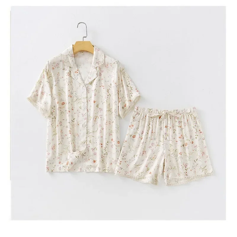 2025 ربيع جديد المرأة بولو منامة موضة أوراق الصفصاف المطبوعة سترة قصيرة الأكمام مجموعة تي شيرتات قصيرة للأطفال ملابس المنزل غير رسمية