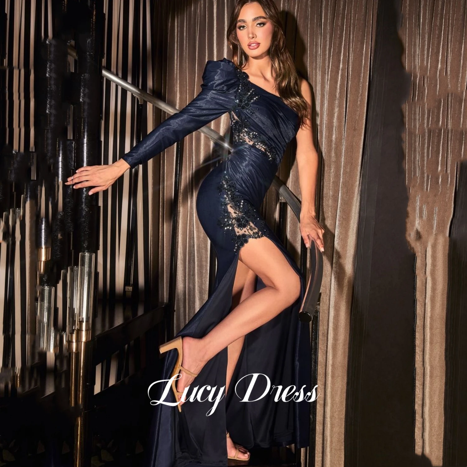 

Lucy Long Dress Es Navy Blue Saudi Evening Dresses for Weddings Slit Sharon Happy Mermaid One Shoulder Sleeve Sexy Prom Dress