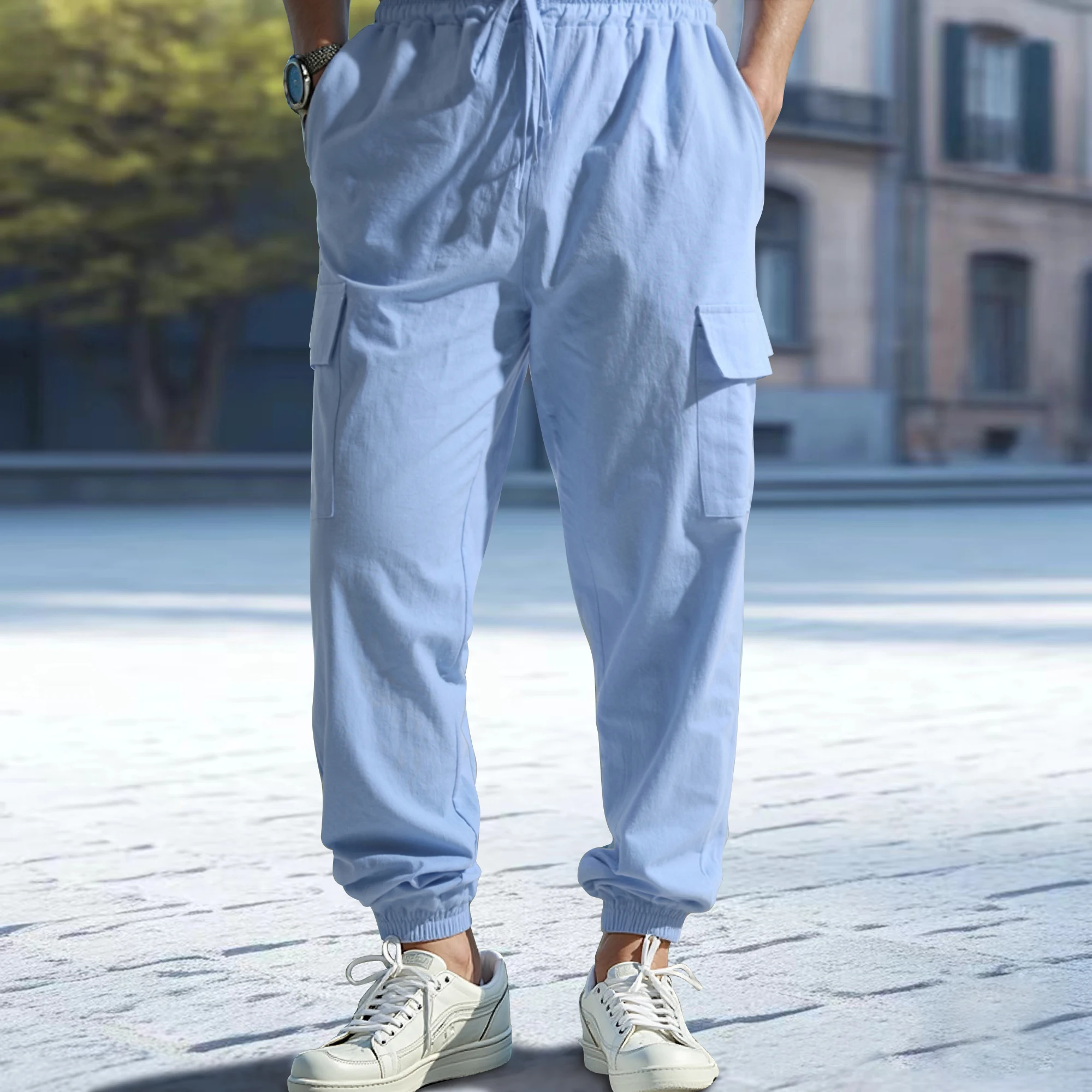 Casual Trousers Men's Cargo Casual Pants Solid Color Double Pocket Outdoor Pants Drawstring Leg Casual Pants
