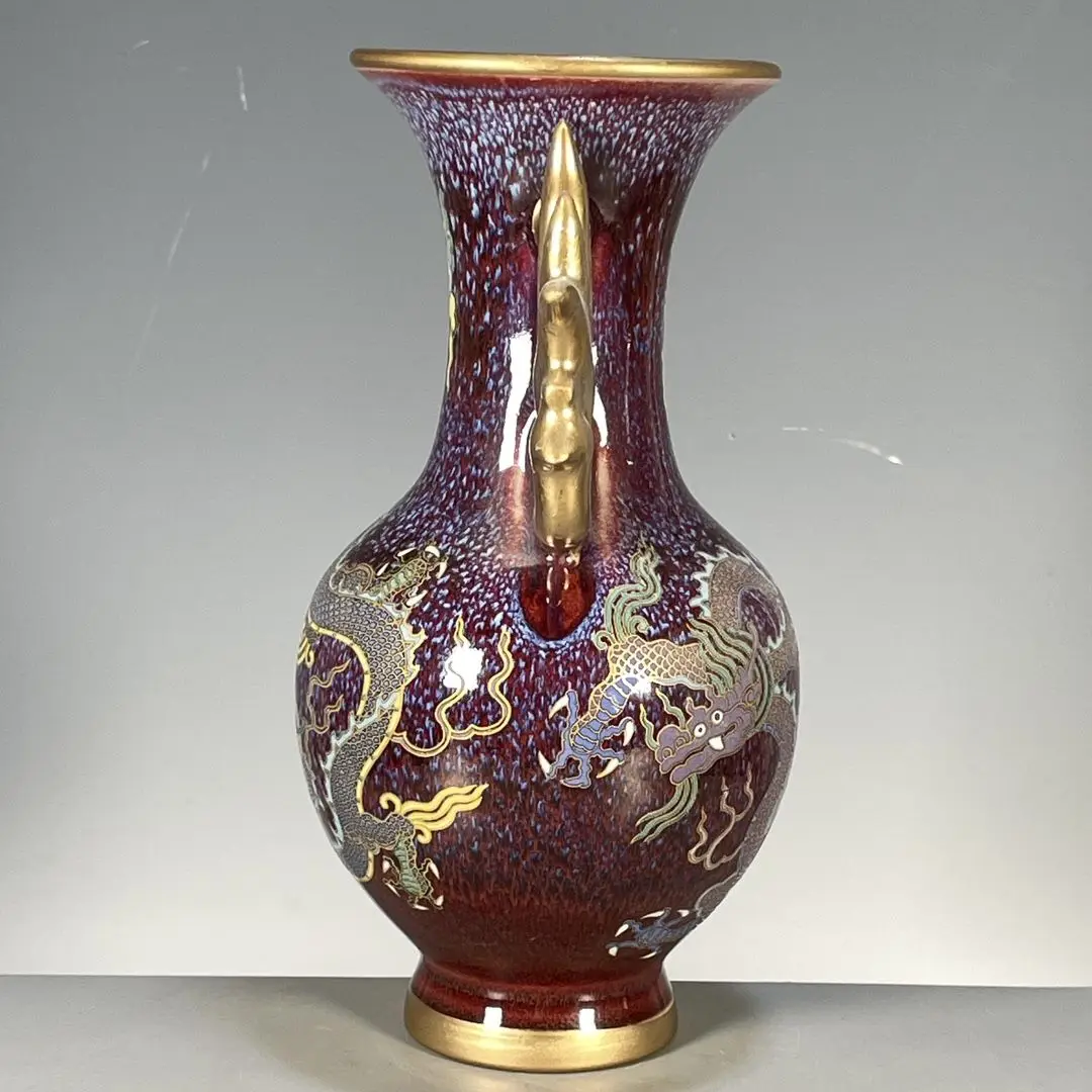 Imitation Chinese-style porcelain: Lu Qinzhai Jun porcelain kiln-transformed glaze dragon pattern gilt double-eared  ornament