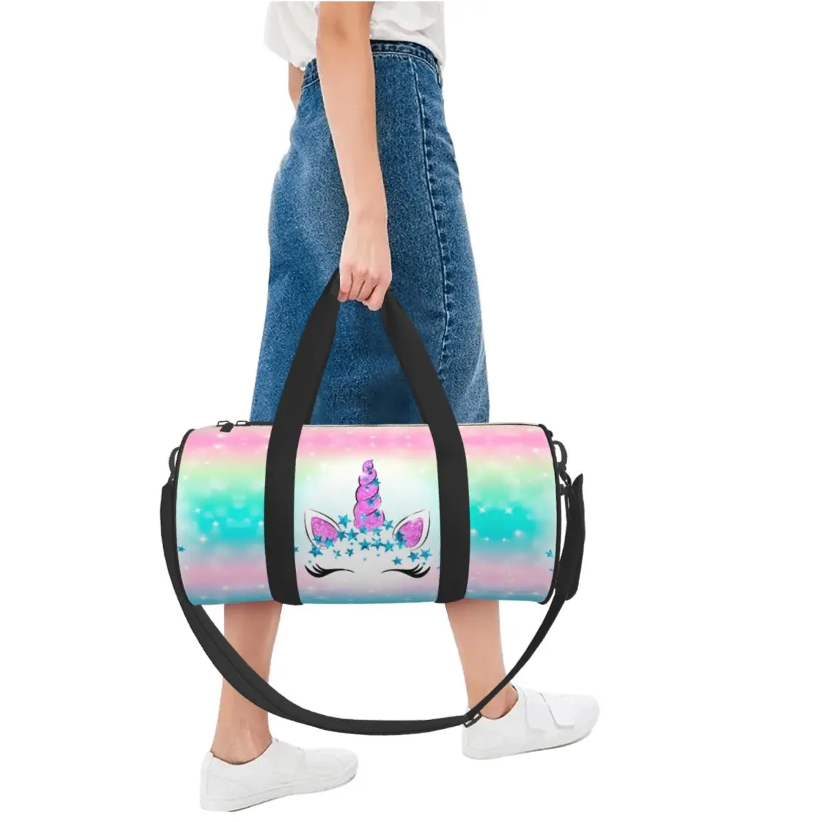 Happy Birthday Unicorn Sport Bags Pinkl Girl with Shoes Gym Bag Portable Couple Pattern Handbag Swimming Funny Fitness Bag