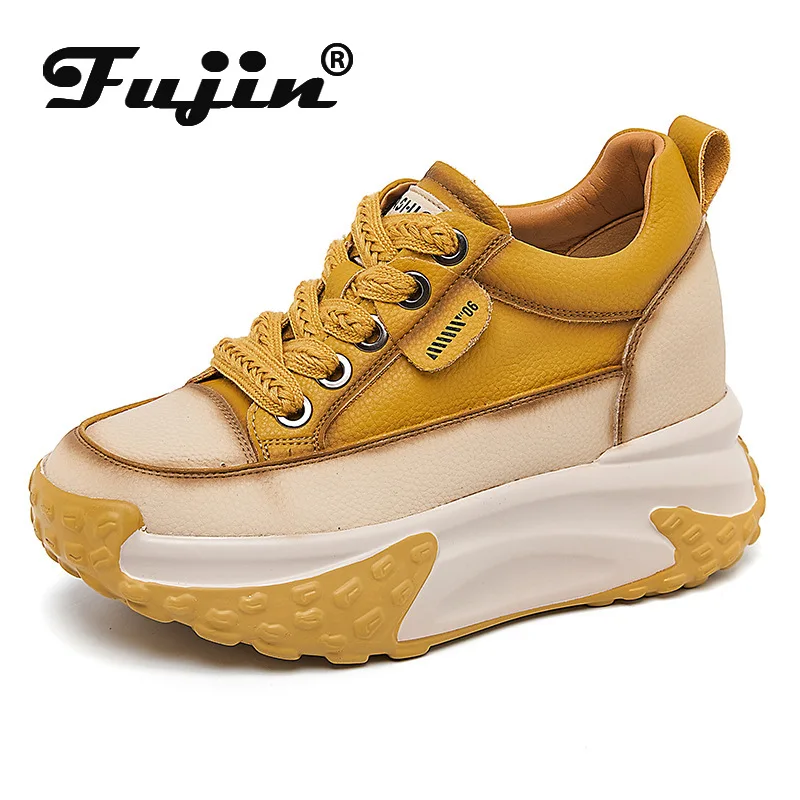 

Fujin 6cm Cow Genuine Leather Women Autumn Fashion Hidden Heels Ladies Thick Soled Spring Platform Wedge Chunky Sneakers Shoes